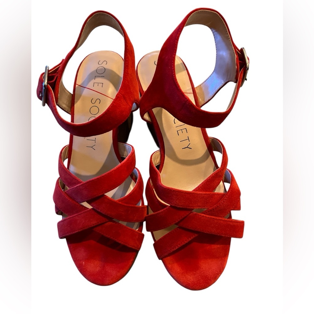 Sole Society Red Suede Strappy Sandals Stacked Block Heel Ankle Strap Size 8.5
